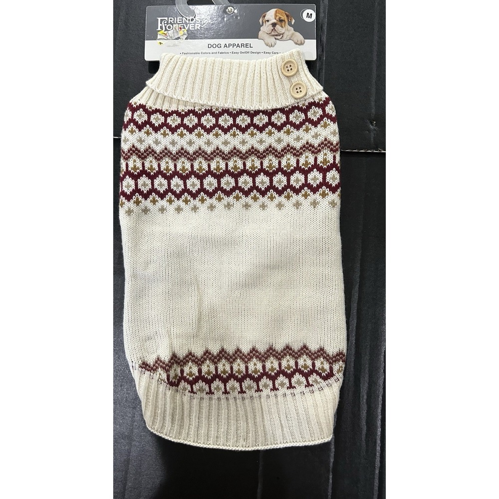 Friends Forever Dog Sweater Cream Burgundy Fair Isle W/ Buttons Size M Holiday